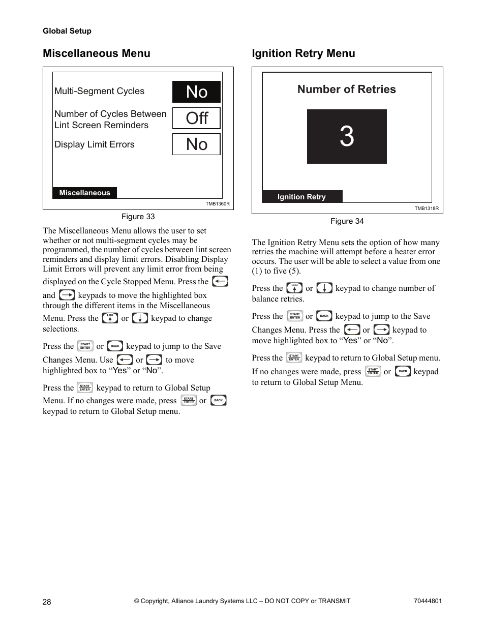 Miscellaneous menu ignition retry menu, No off no, Number of retries | Alliance Laundry Systems TMB1276C User Manual | Page 30 / 48