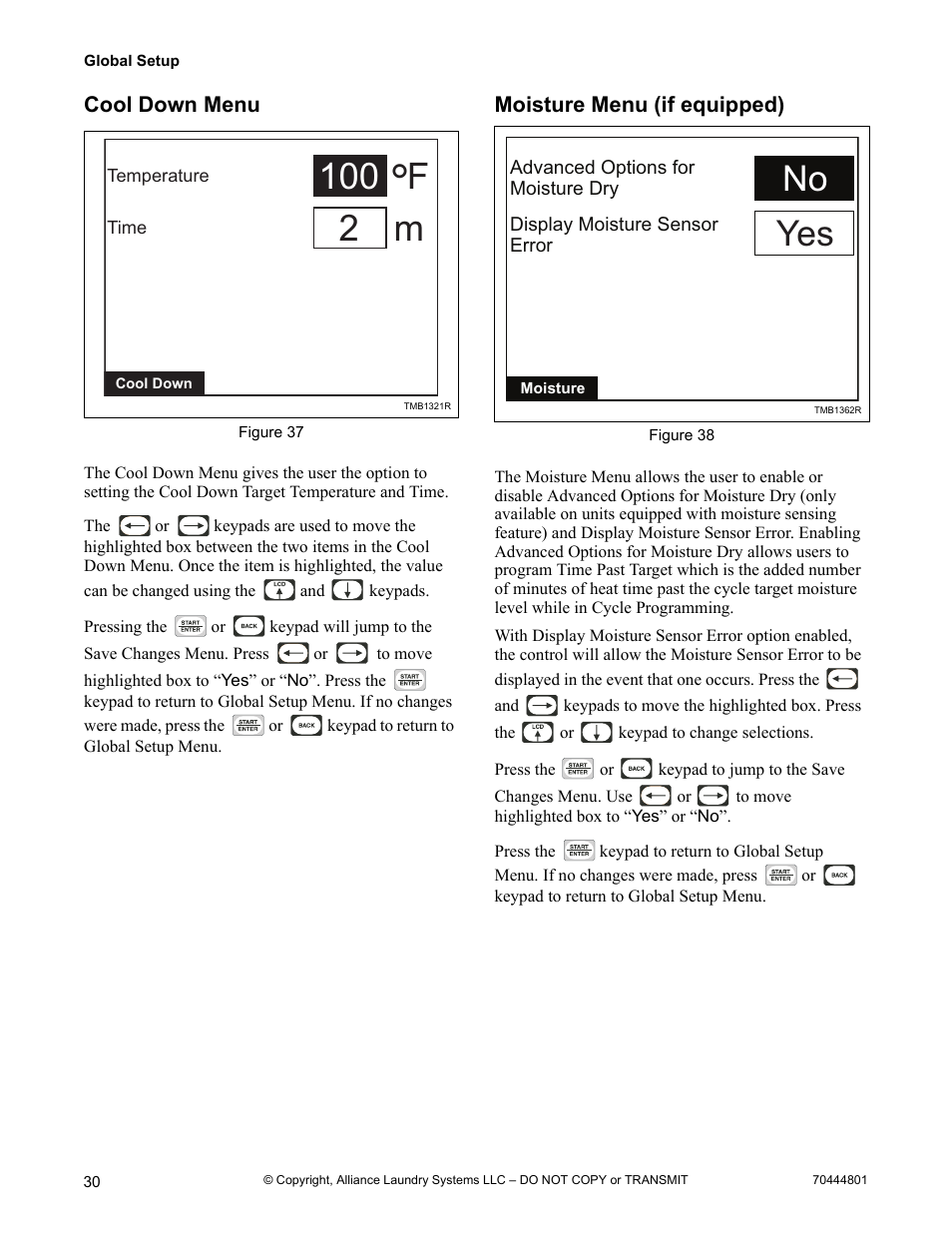 Cool down menu moisture menu (if equipped), 2 m f, No yes | Alliance Laundry Systems TMB1276C User Manual | Page 32 / 48