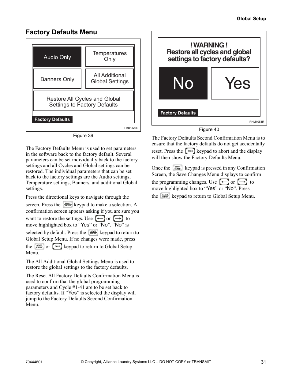 Factory defaults menu, Yes no | Alliance Laundry Systems TMB1276C User Manual | Page 33 / 48