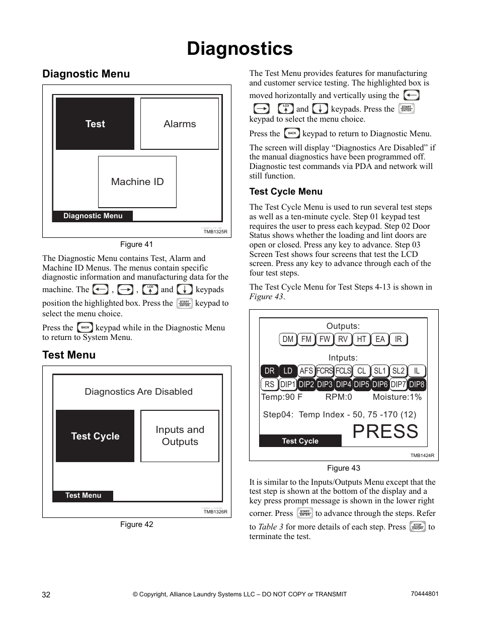 Diagnostics, Diagnostic menu test menu, Test cycle menu | Press, Diagnostic menu, Test menu | Alliance Laundry Systems TMB1276C User Manual | Page 34 / 48