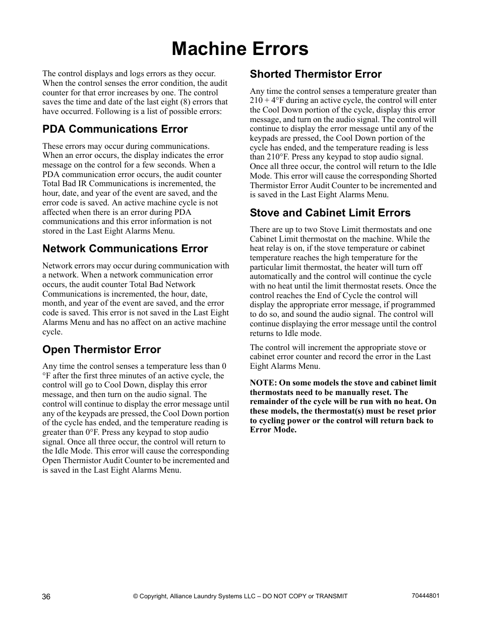 Machine errors, Pda communications error, Network communications error | Open thermistor error, Shorted thermistor error, Stove and cabinet limit errors | Alliance Laundry Systems TMB1276C User Manual | Page 38 / 48