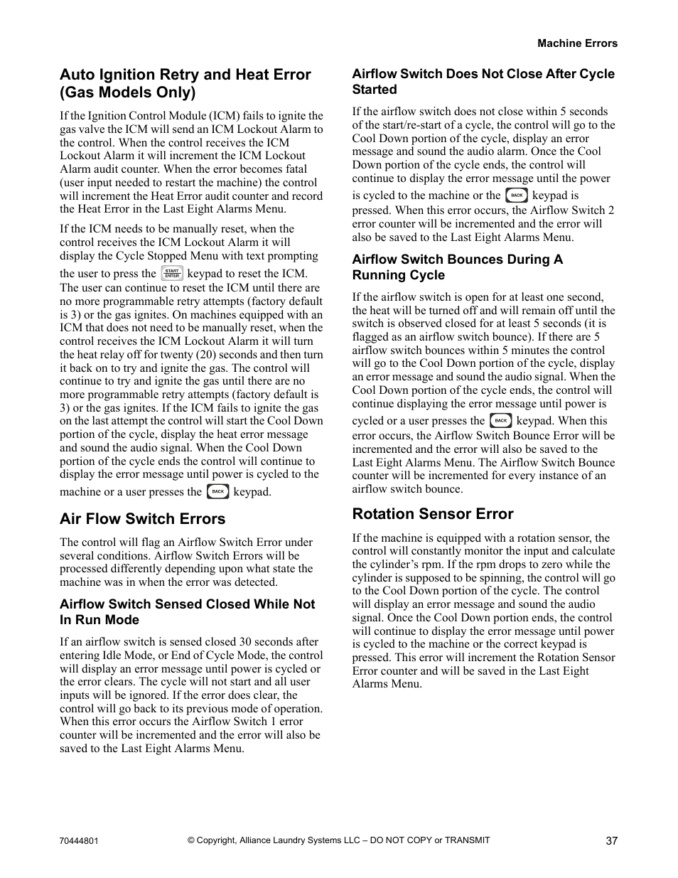 Rotation sensor error, Air flow switch errors | Alliance Laundry Systems TMB1276C User Manual | Page 39 / 48