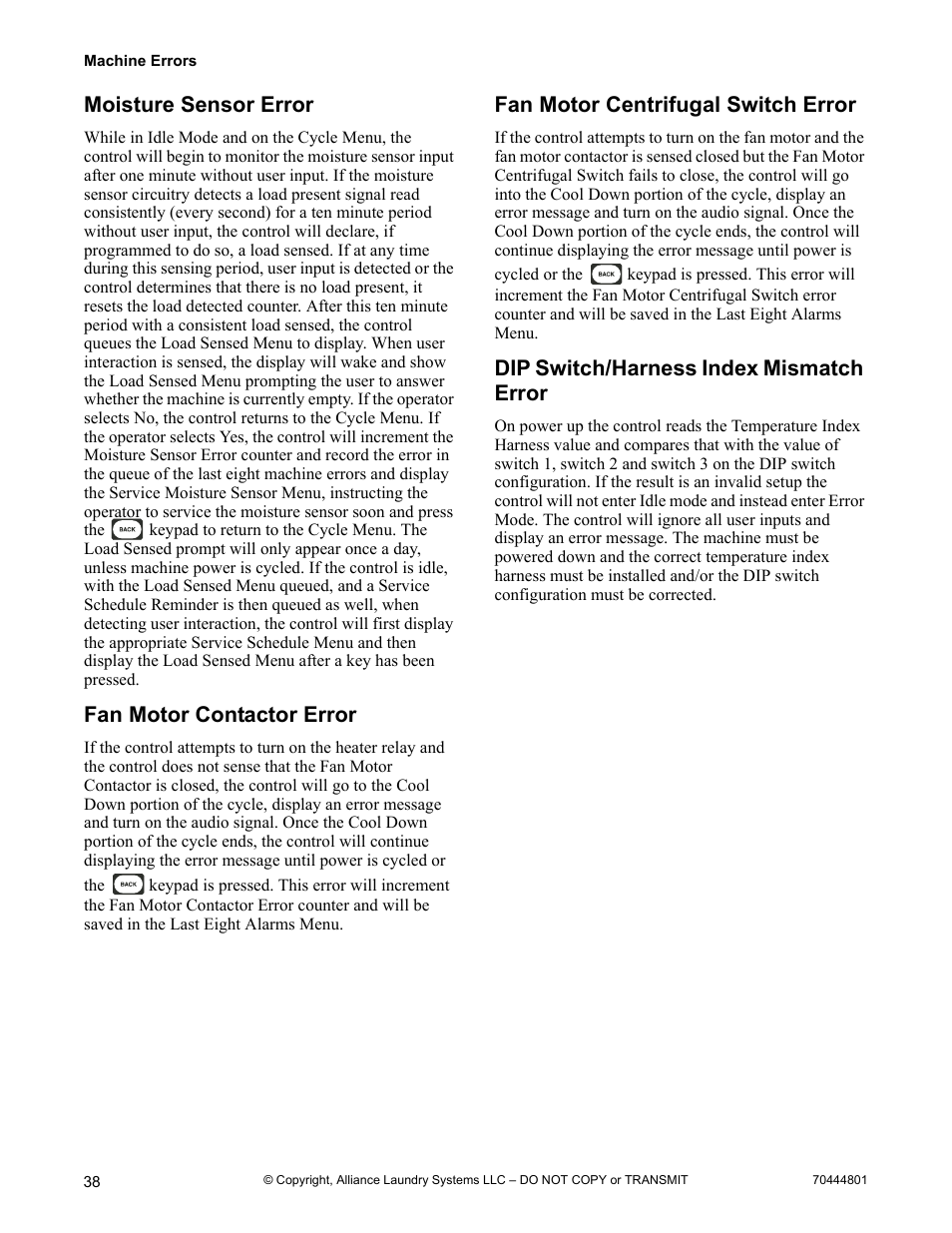 Moisture sensor error, Fan motor contactor error, Fan motor centrifugal switch error | Dip switch/harness index mismatch error | Alliance Laundry Systems TMB1276C User Manual | Page 40 / 48