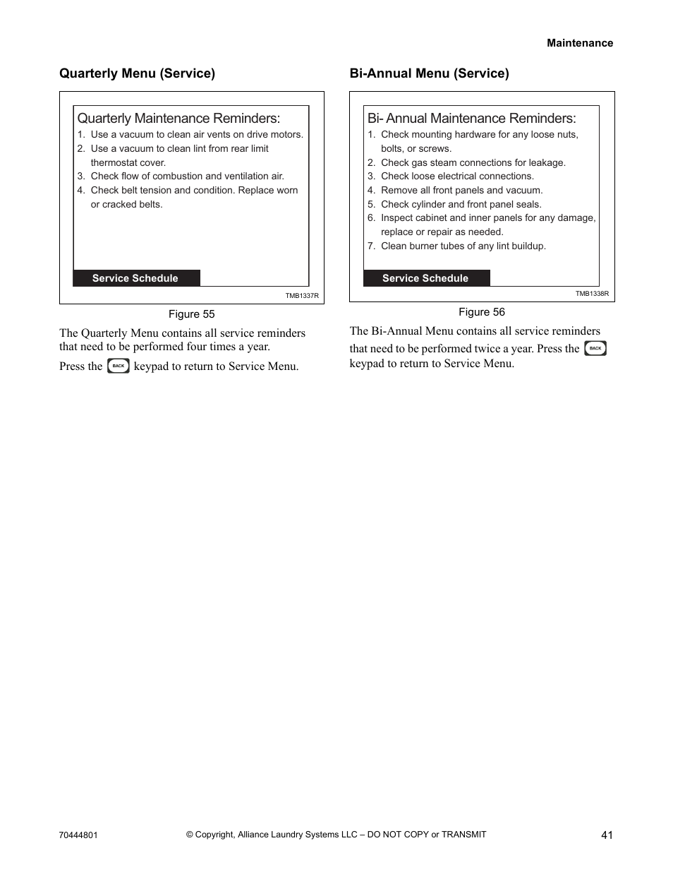 Quarterly menu (service) bi-annual menu (service), Quarterly maintenance reminders, Bi- annual maintenance reminders | Alliance Laundry Systems TMB1276C User Manual | Page 43 / 48