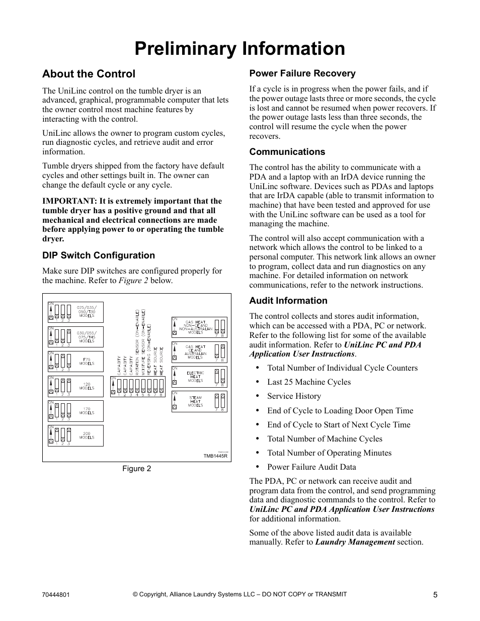 Preliminary information, About the control, Dip switch configuration | Power failure recovery, Communications, Audit information | Alliance Laundry Systems TMB1276C User Manual | Page 7 / 48