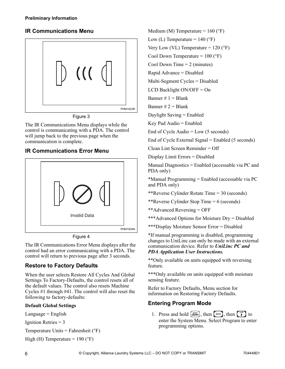 Ir communications menu, Ir communications error menu, Restore to factory defaults | Entering program mode | Alliance Laundry Systems TMB1276C User Manual | Page 8 / 48