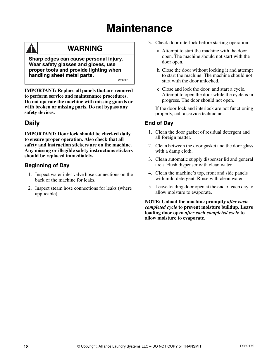 Maintenance, Daily, Beginning of day end of day | Warning | Alliance Laundry Systems CHM160C User Manual | Page 20 / 26