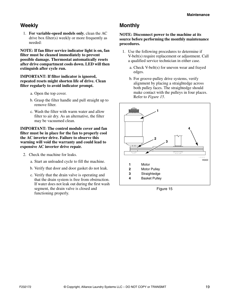 Weekly monthly, Weekly, Monthly | Alliance Laundry Systems CHM160C User Manual | Page 21 / 26