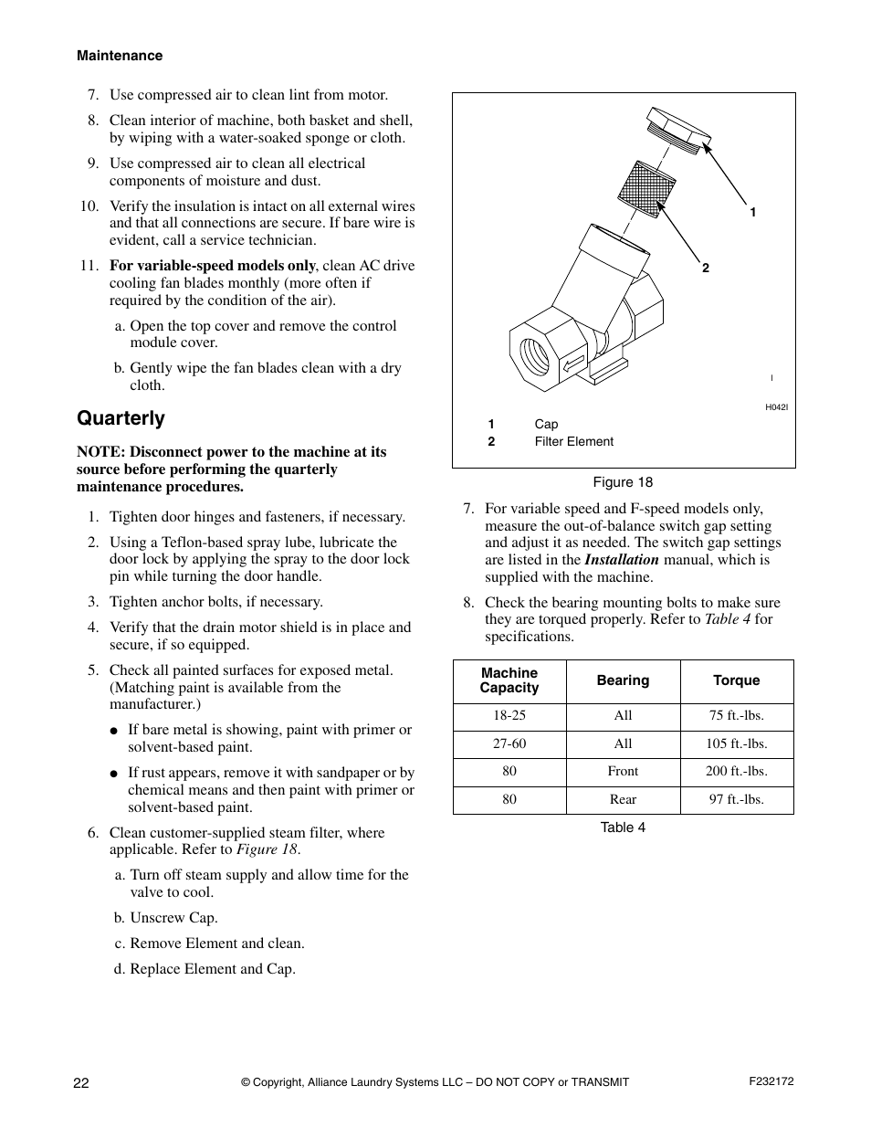 Quarterly | Alliance Laundry Systems CHM160C User Manual | Page 24 / 26