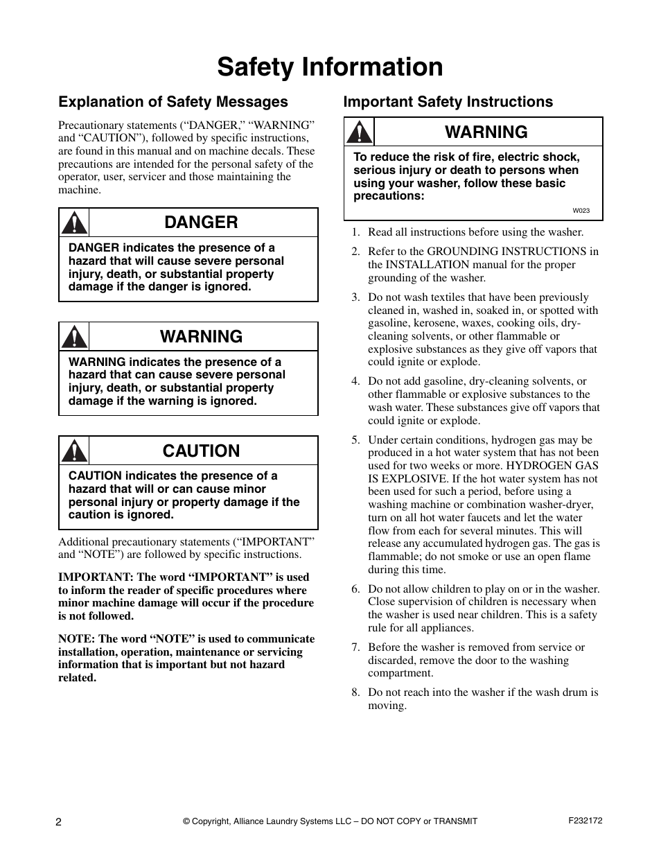 Safety information, Explanation of safety messages, Important safety instructions | Danger, Warning, Caution | Alliance Laundry Systems CHM160C User Manual | Page 4 / 26