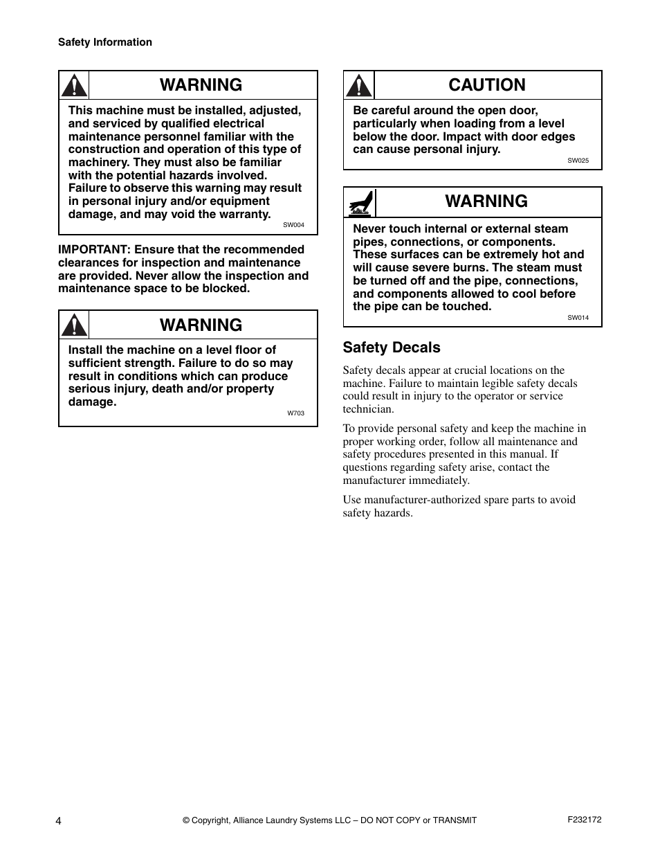 Safety decals, Warning, Caution | Alliance Laundry Systems CHM160C User Manual | Page 6 / 26