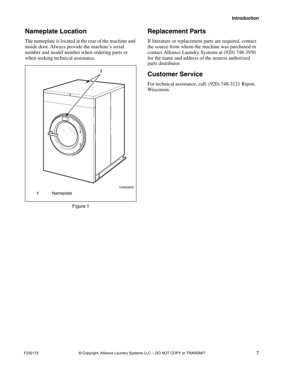Nameplate location, Replacement parts, Customer service | Alliance Laundry Systems CHM160C User Manual | Page 9 / 26