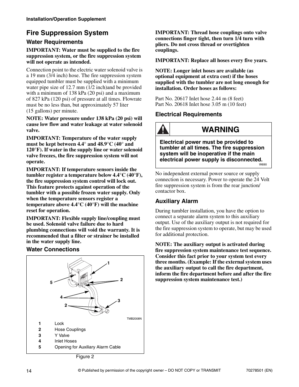 Fire suppression system, Warning | Alliance Laundry Systems Drying Tumbler 70278501R5EN User Manual | Page 16 / 32