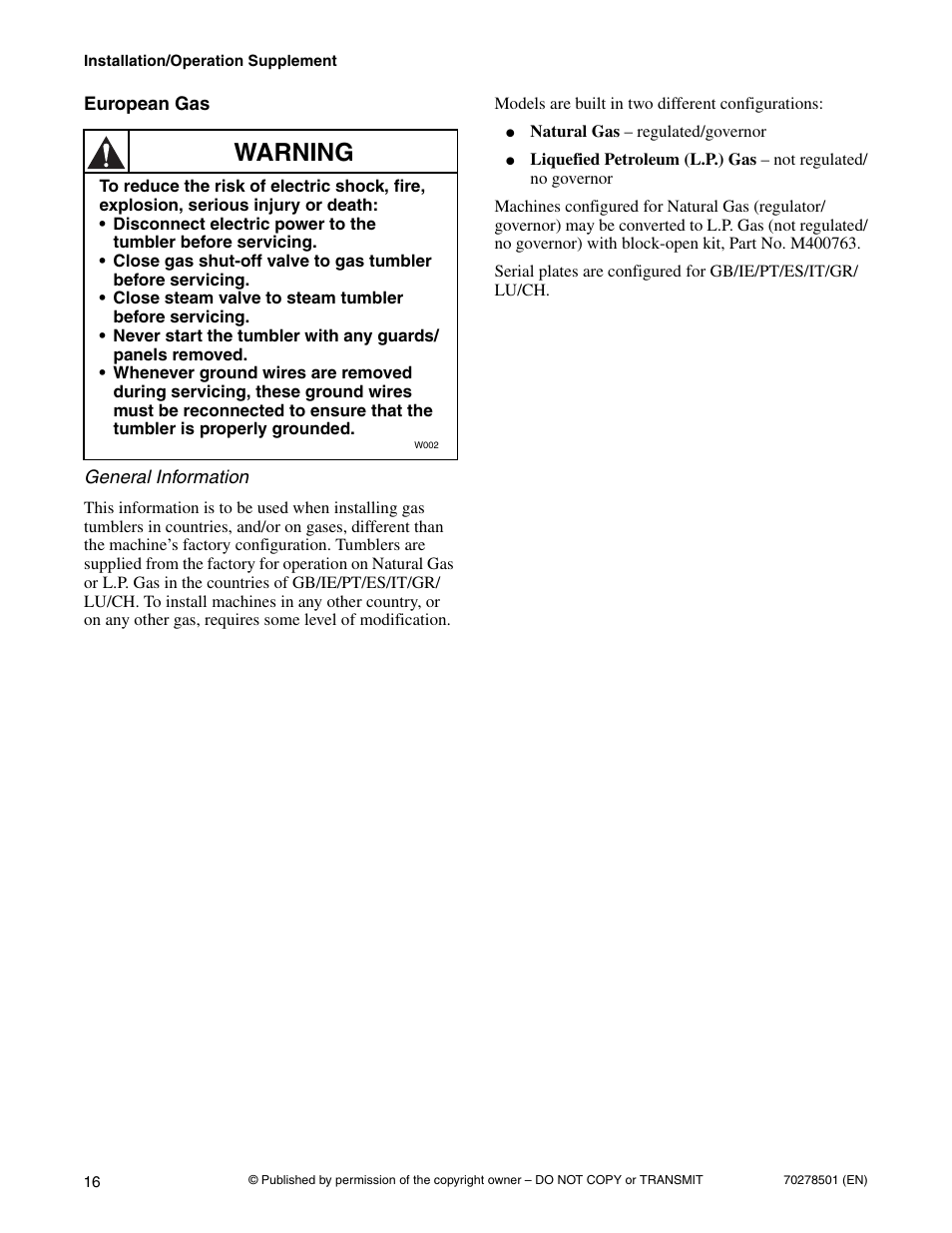 European gas, Warning | Alliance Laundry Systems Drying Tumbler 70278501R5EN User Manual | Page 18 / 32