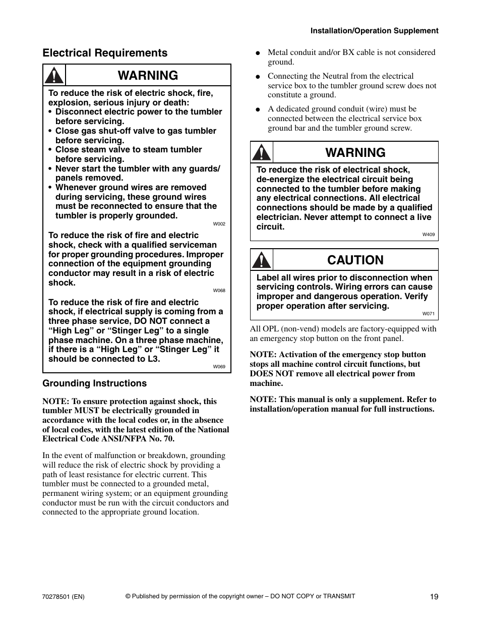 Electrical requirements, Grounding instructions, Warning | Caution | Alliance Laundry Systems Drying Tumbler 70278501R5EN User Manual | Page 21 / 32