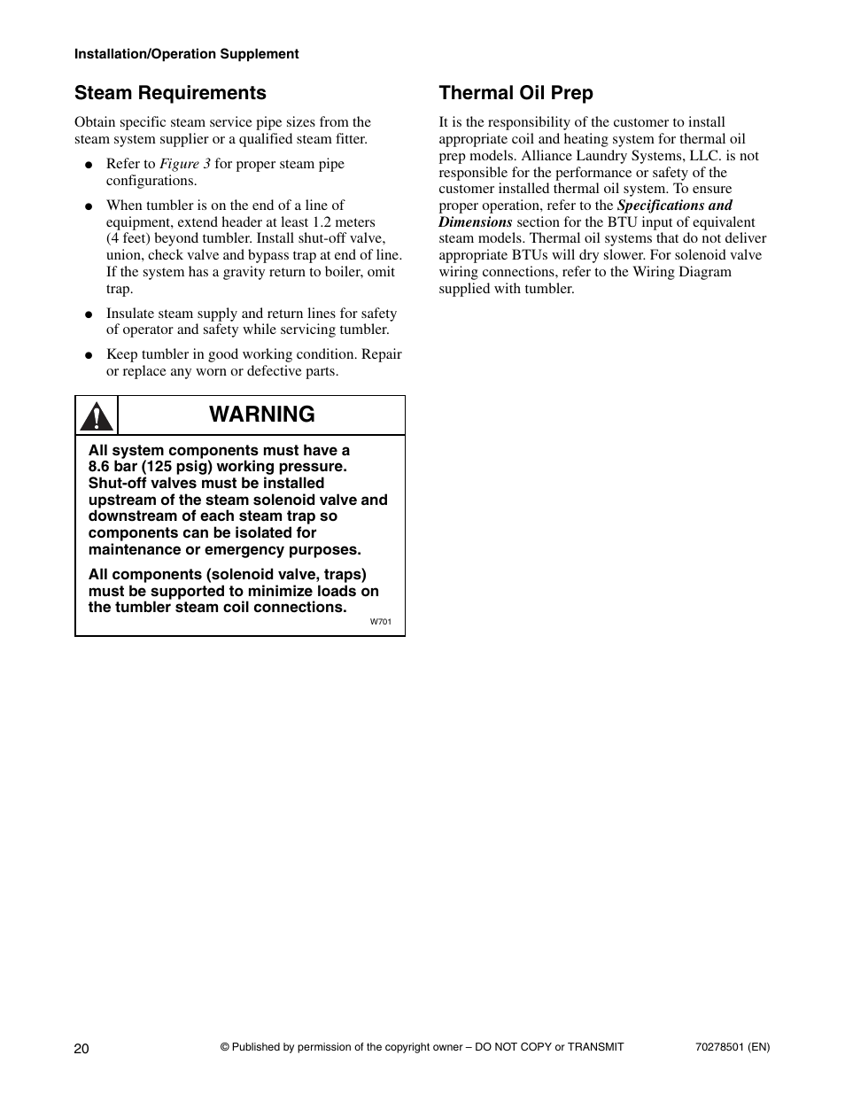 Steam requirements thermal oil prep, Warning, Steam requirements | Thermal oil prep | Alliance Laundry Systems Drying Tumbler 70278501R5EN User Manual | Page 22 / 32