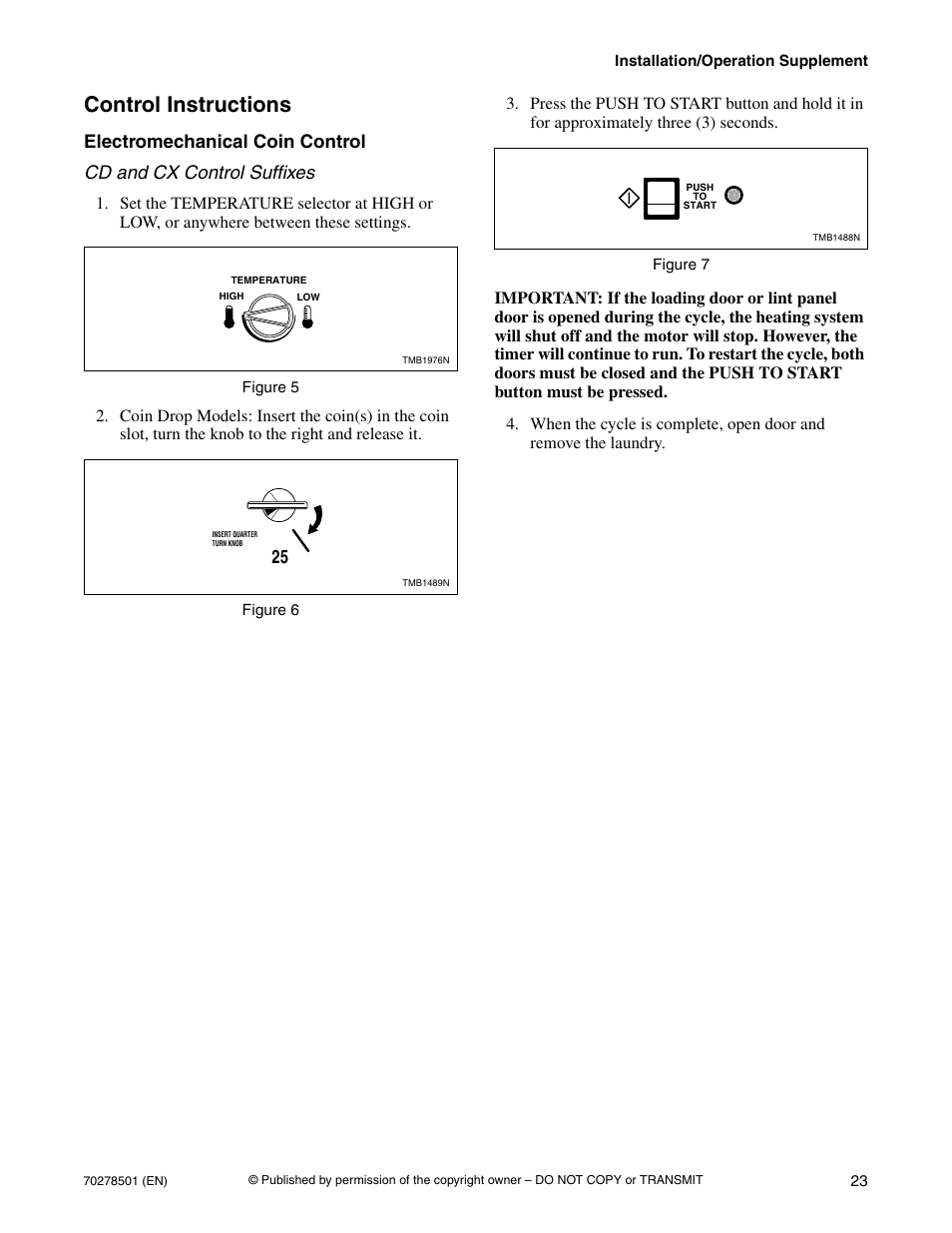 Control instructions, Electromechanical coin control | Alliance Laundry Systems Drying Tumbler 70278501R5EN User Manual | Page 25 / 32