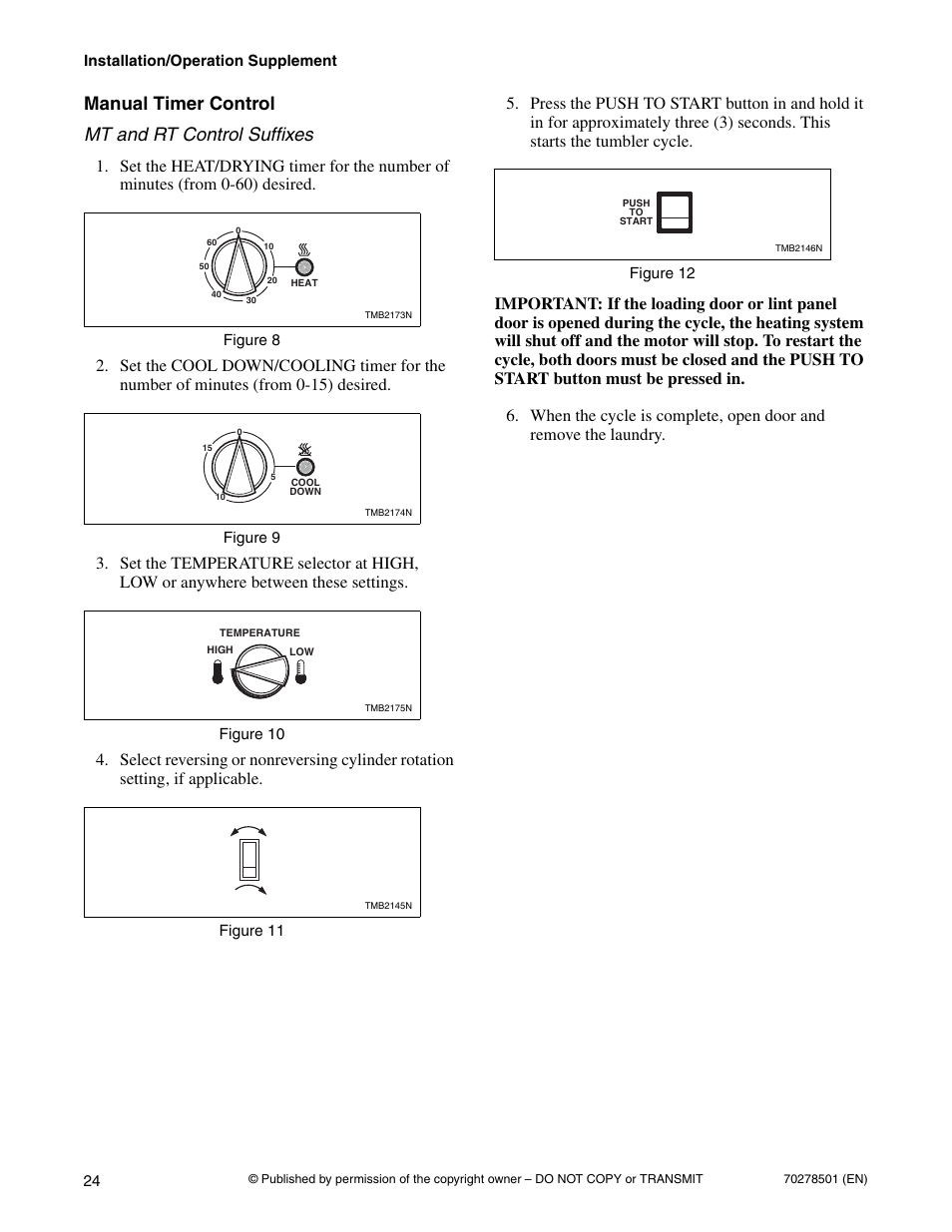 Manual timer control, Manual timer control mt and rt control suffixes | Alliance Laundry Systems Drying Tumbler 70278501R5EN User Manual | Page 26 / 32
