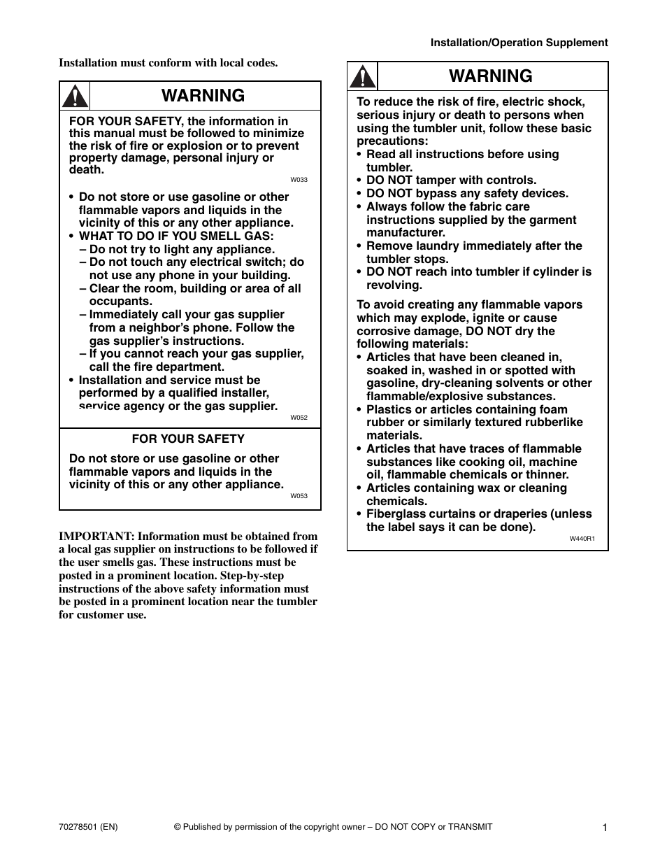 Warning | Alliance Laundry Systems Drying Tumbler 70278501R5EN User Manual | Page 3 / 32