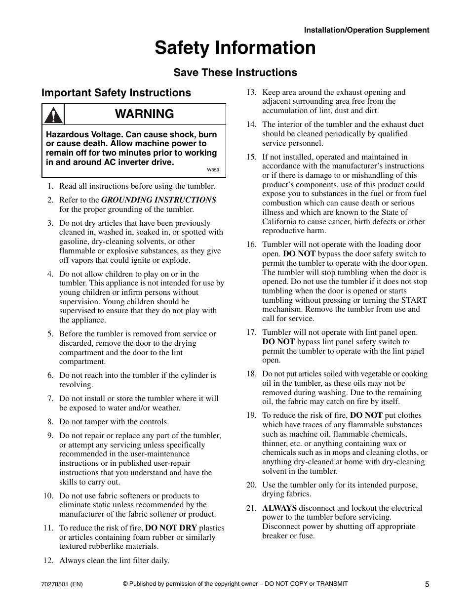 Safety information, Important safety instructions, Warning | Alliance Laundry Systems Drying Tumbler 70278501R5EN User Manual | Page 7 / 32