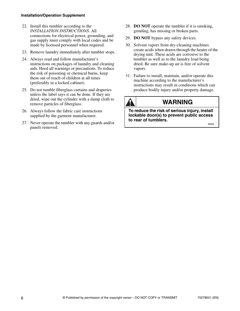 Warning | Alliance Laundry Systems Drying Tumbler 70278501R5EN User Manual | Page 8 / 32