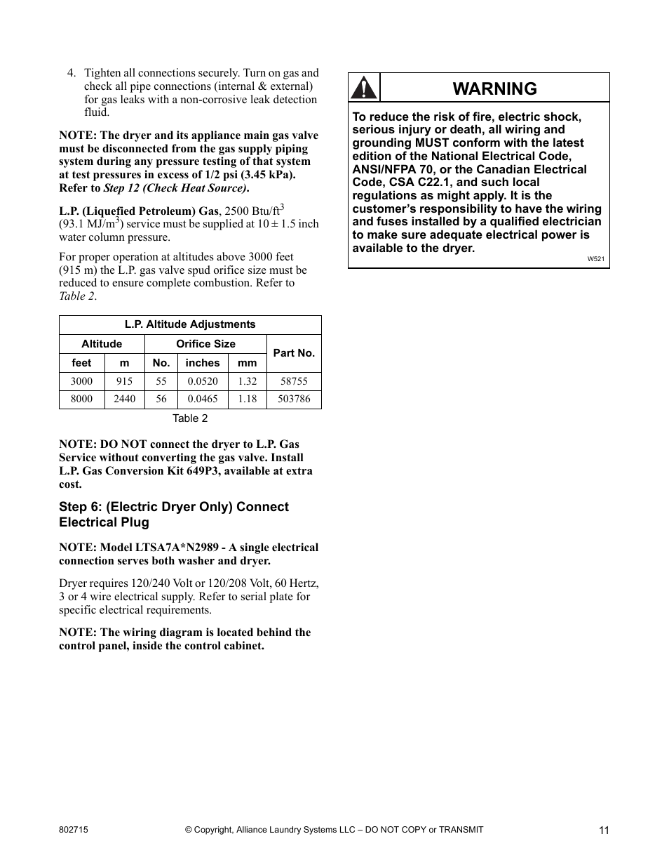 Warning | Alliance Laundry Systems Dishwasher User Manual | Page 11 / 24