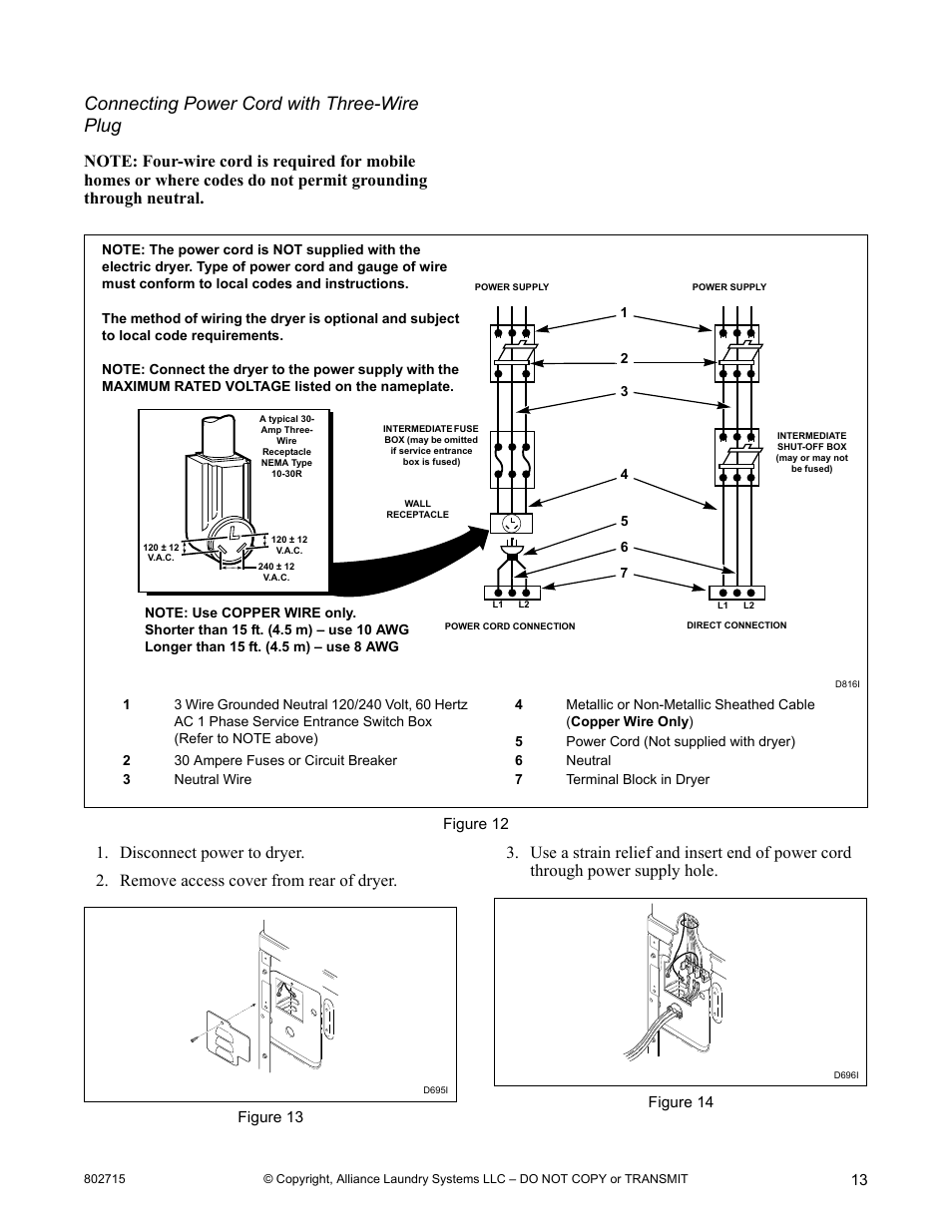 Connecting power cord with three-wire plug | Alliance Laundry Systems Dishwasher User Manual | Page 13 / 24