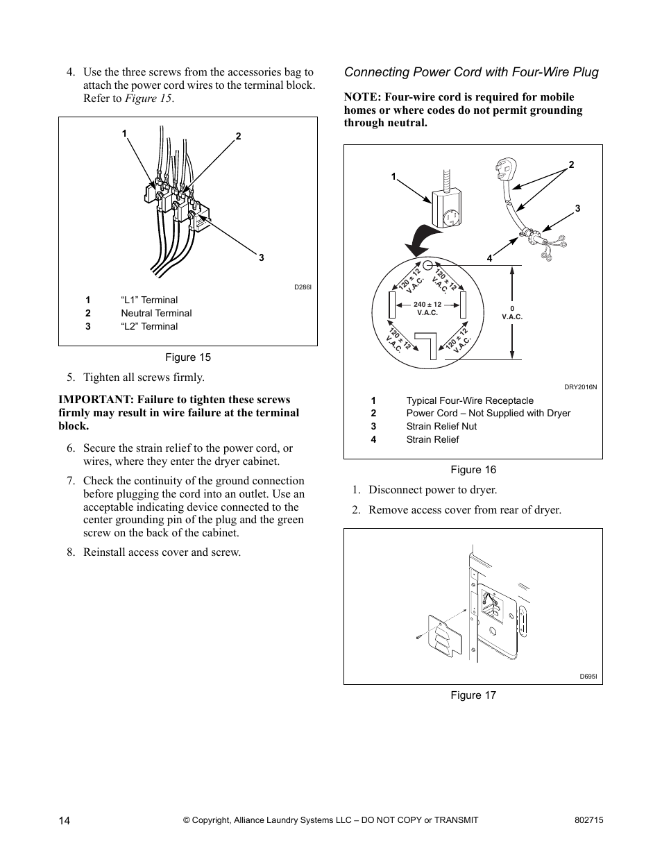 Connecting power cord with four-wire plug | Alliance Laundry Systems Dishwasher User Manual | Page 14 / 24