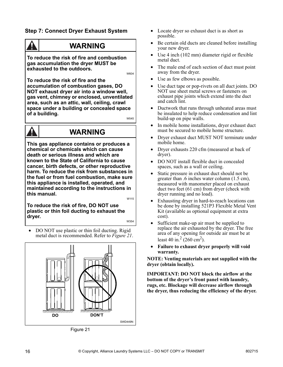 Warning | Alliance Laundry Systems Dishwasher User Manual | Page 16 / 24