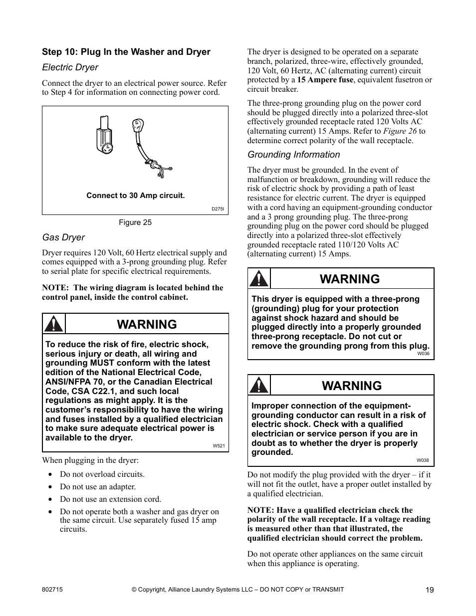 Warning | Alliance Laundry Systems Dishwasher User Manual | Page 19 / 24