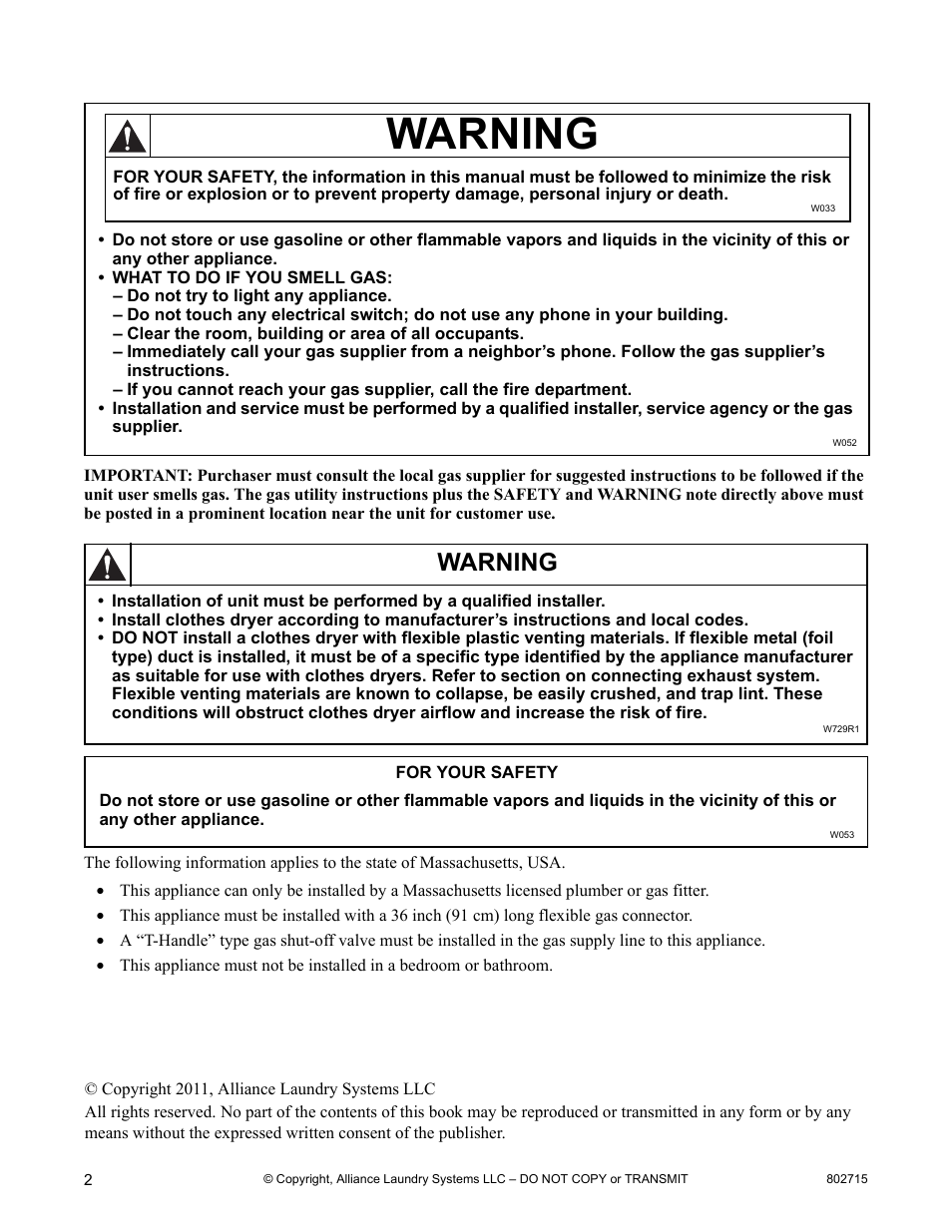 Warning | Alliance Laundry Systems Dishwasher User Manual | Page 2 / 24