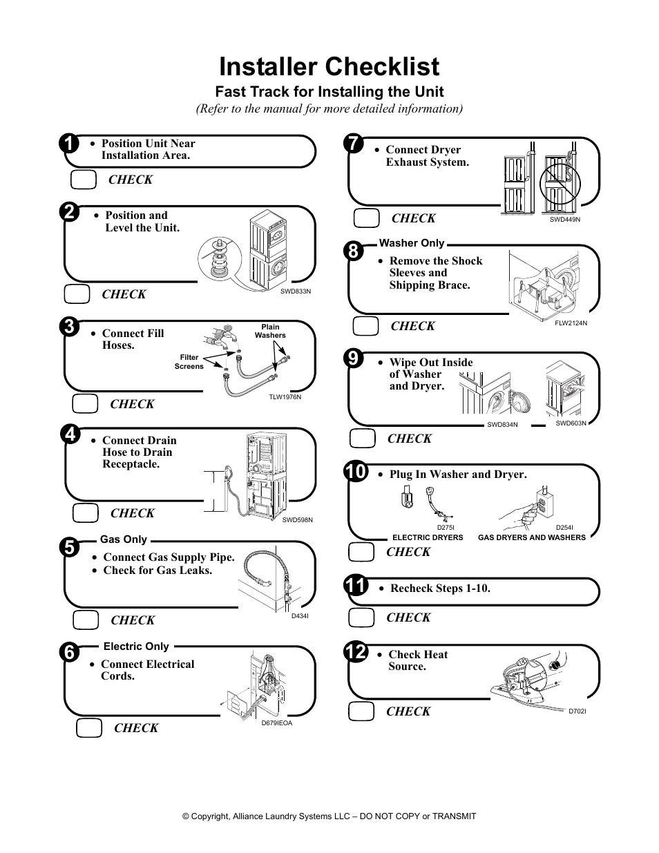 Installer checklist, Fast track for installing the unit | Alliance Laundry Systems Dishwasher User Manual | Page 24 / 24