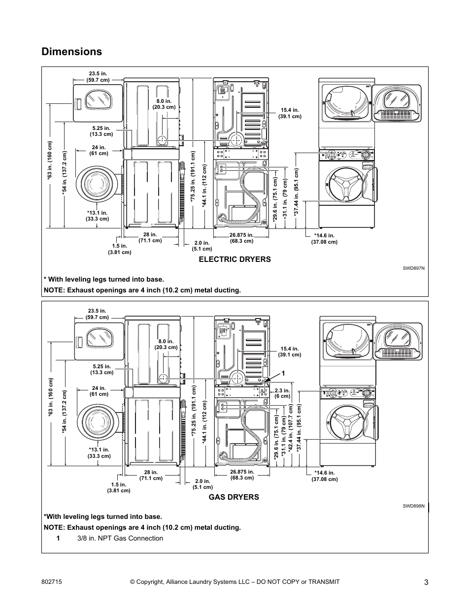 Dimensions, Electric dryers, Gas dryers | Alliance Laundry Systems Dishwasher User Manual | Page 3 / 24