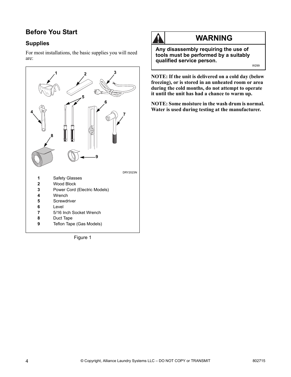 Warning, Before you start, Supplies | Alliance Laundry Systems Dishwasher User Manual | Page 4 / 24