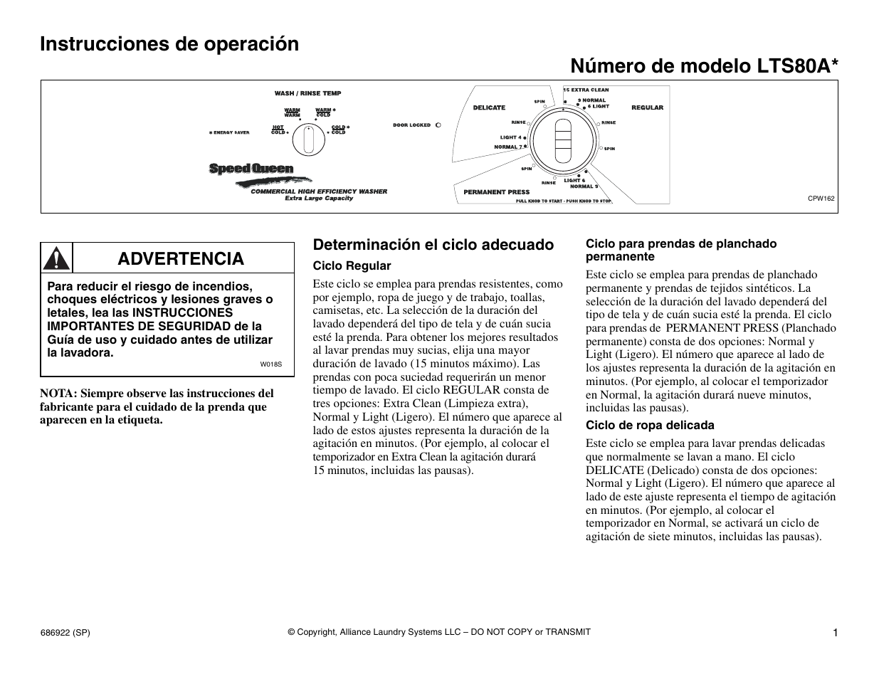 Instrucciones de operación, Número de modelo lts80a, Advertencia | Determinación el ciclo adecuado | Alliance Laundry Systems LTS80A* User Manual | Page 11 / 16