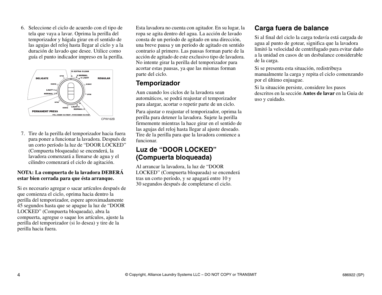 Temporizador, Luz de “door locked” (compuerta bloqueada), Carga fuera de balance | Alliance Laundry Systems LTS80A* User Manual | Page 14 / 16