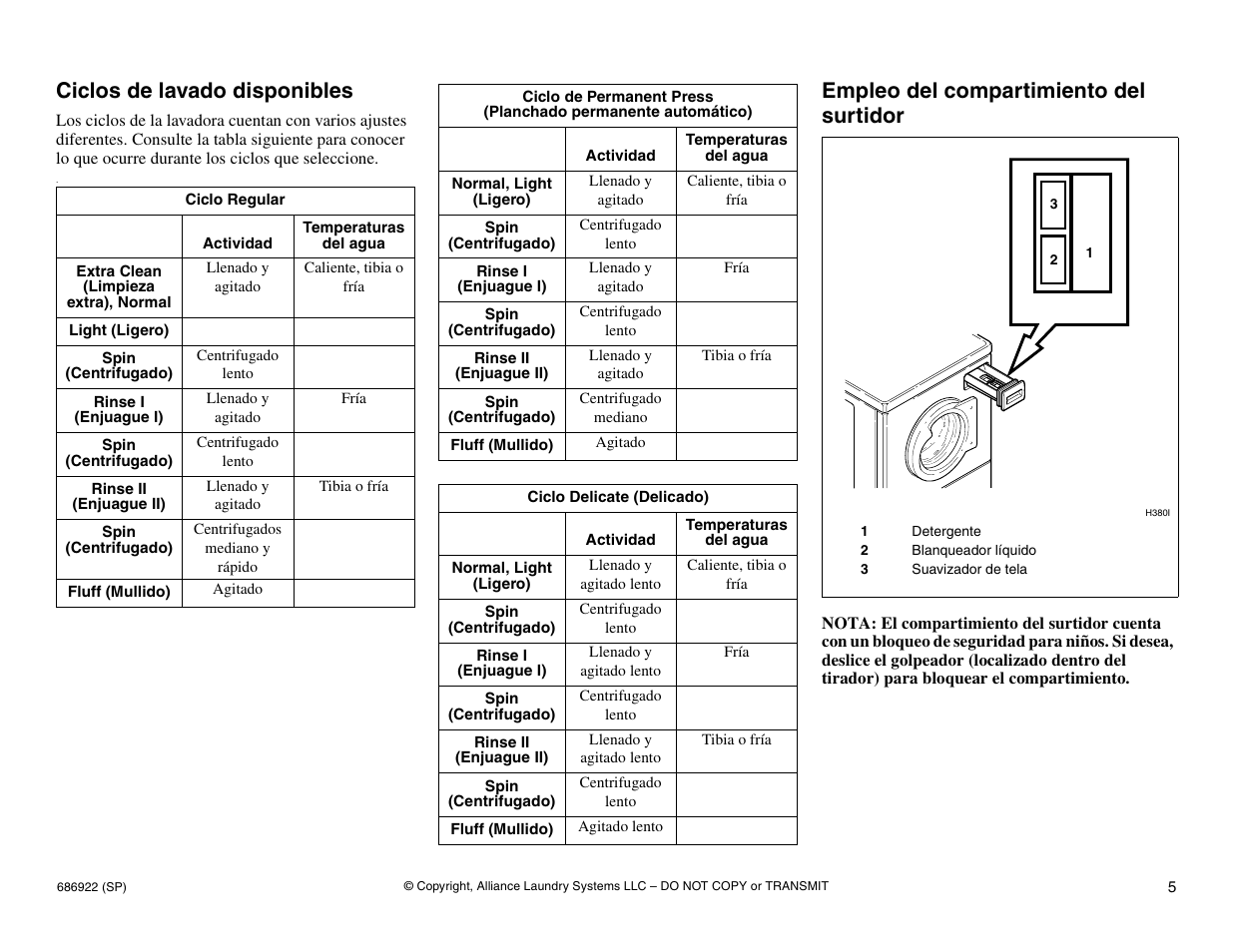 Ciclos de lavado disponibles, Empleo del compartimiento del surtidor | Alliance Laundry Systems LTS80A* User Manual | Page 15 / 16