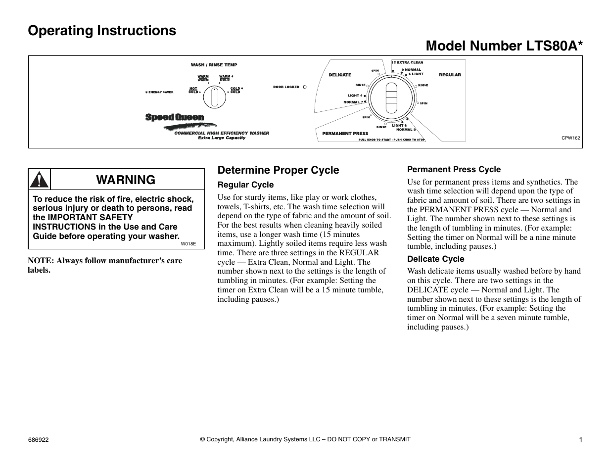 Operating instructions, Model number lts80a, Warning | Determine proper cycle | Alliance Laundry Systems LTS80A* User Manual | Page 3 / 16