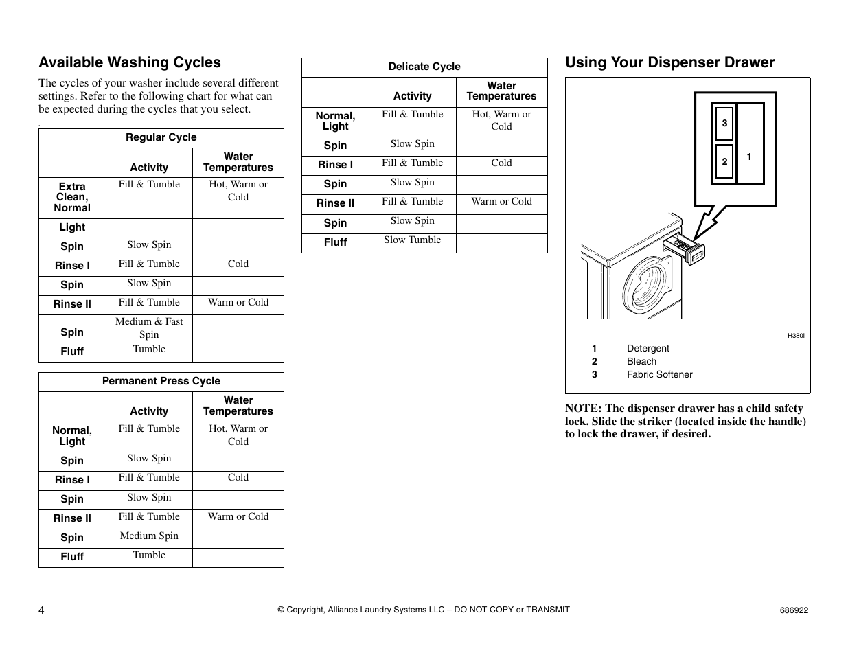 Available washing cycles, Using your dispenser drawer | Alliance Laundry Systems LTS80A* User Manual | Page 6 / 16