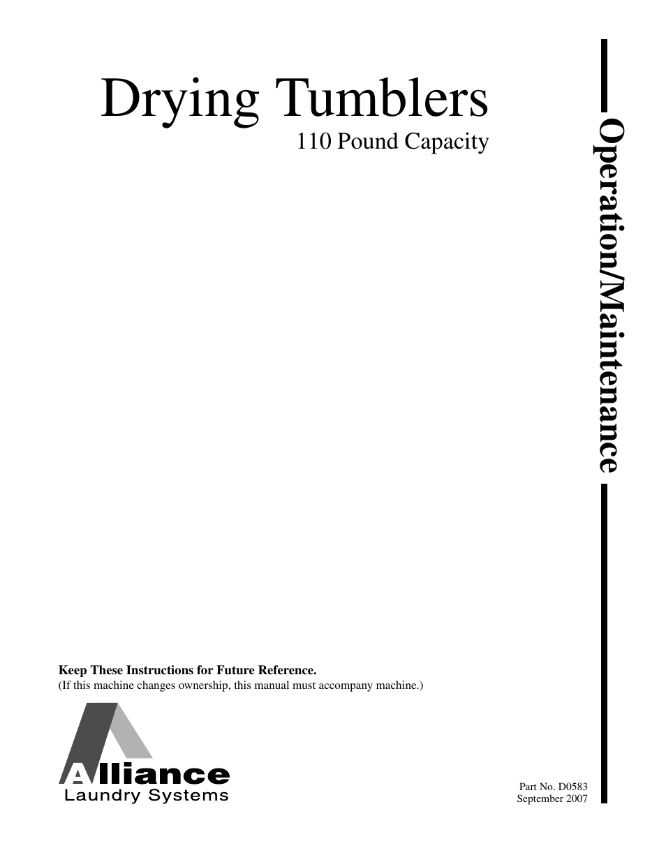 Alliance Laundry Systems Drying Tumbler 110 Pound Capacity Part No. D0583 User Manual | 32 pages