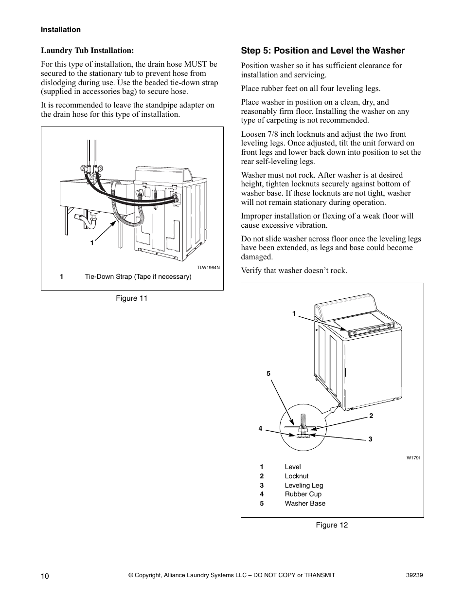 Figure 11, Step 5: position and level the washer, Figure 12 | Alliance Laundry Systems W001C User Manual | Page 12 / 18