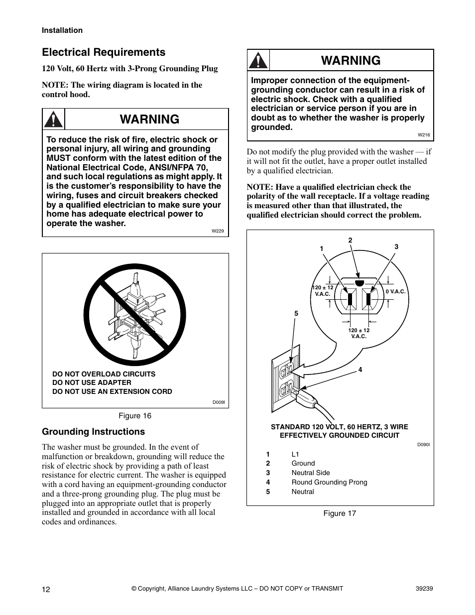 Figure 16, Grounding instructions, Figure 17 | Electrical requirements, Warning | Alliance Laundry Systems W001C User Manual | Page 14 / 18