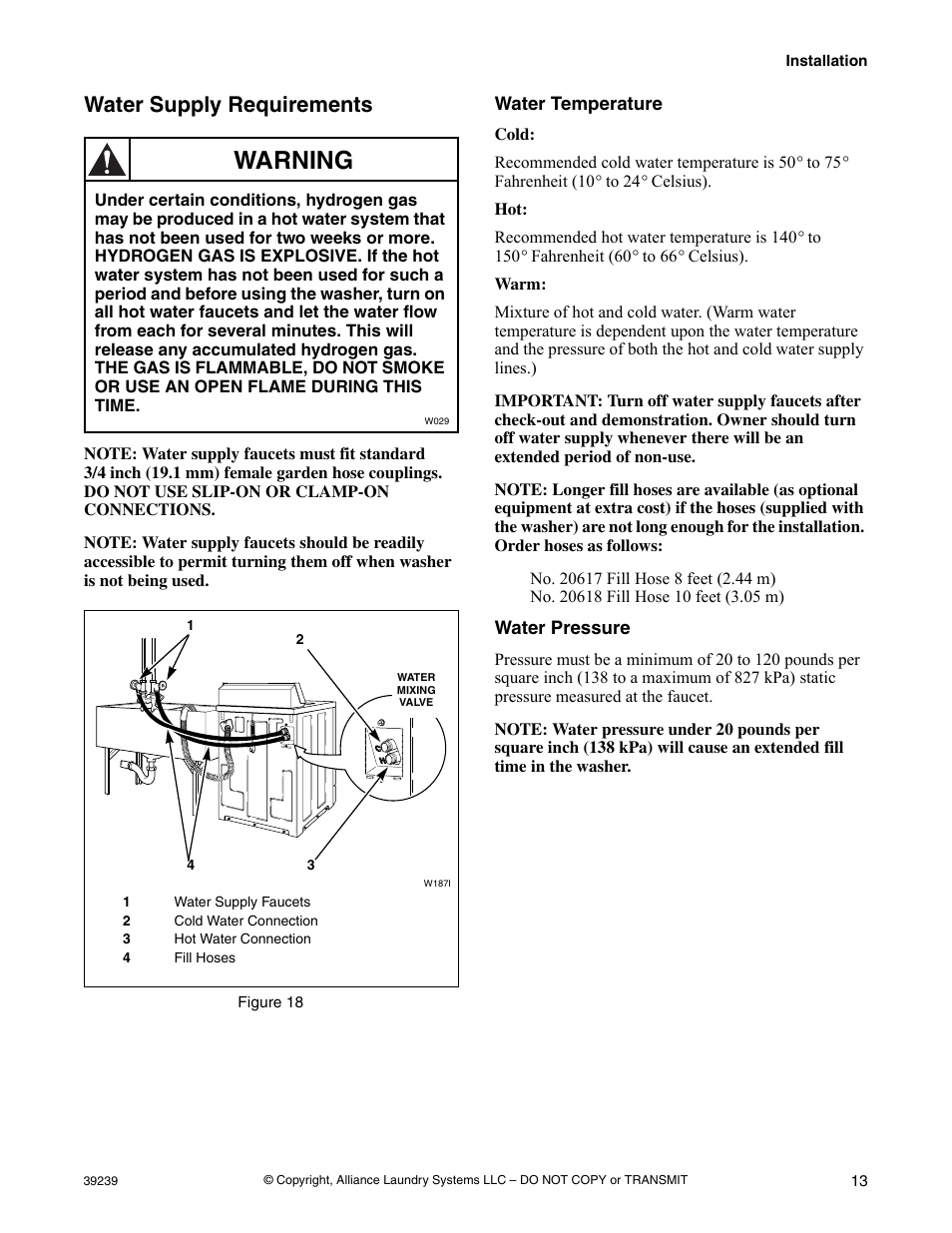 Figure 18, Water temperature, Water pressure | Water supply requirements, Water temperature water pressure, Warning | Alliance Laundry Systems W001C User Manual | Page 15 / 18