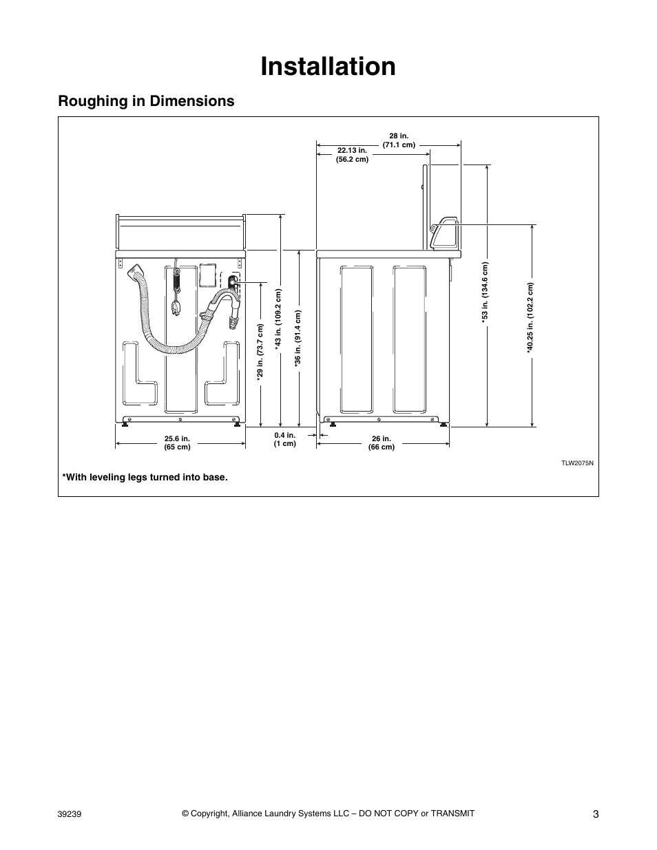 Installation, 28 in. (71.1 cm), Roughing in dimensions | Alliance Laundry Systems W001C User Manual | Page 5 / 18