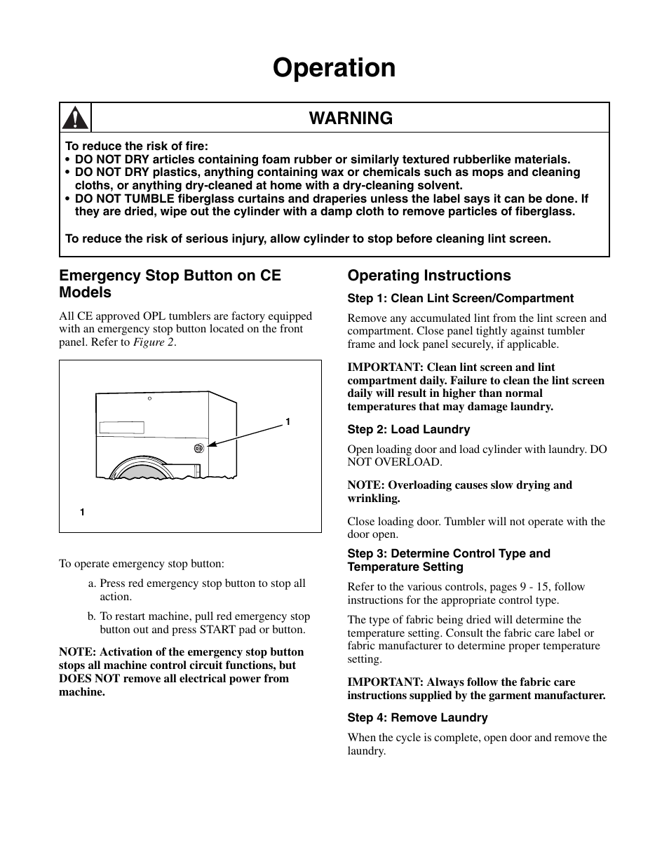 Operation, Emergency stop button on ce models, Operating instructions | Warning | Alliance Laundry Systems Drying Tumbler Part No. 70400401R2 User Manual | Page 10 / 24