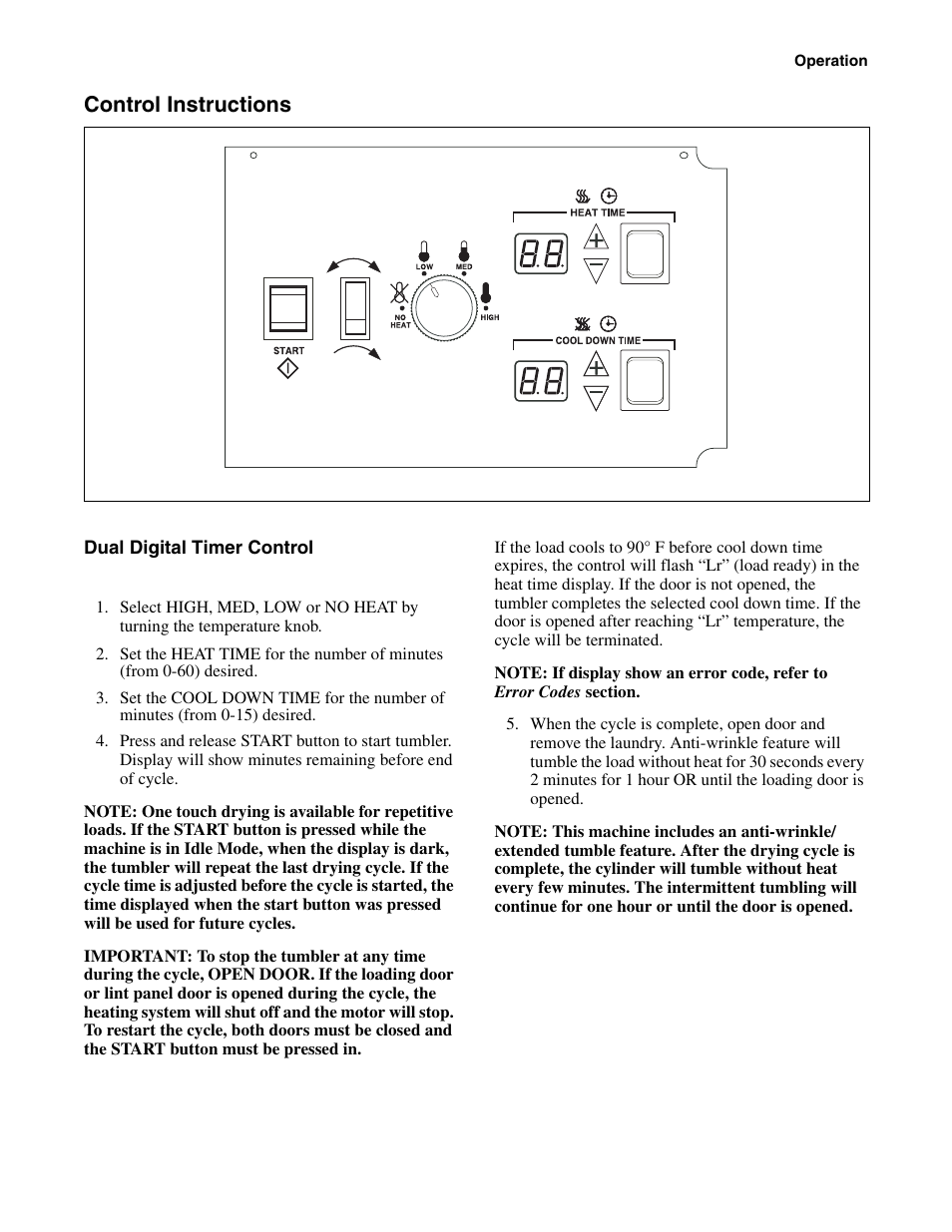 Control instructions, Dual digital timer control | Alliance Laundry Systems Drying Tumbler Part No. 70400401R2 User Manual | Page 11 / 24