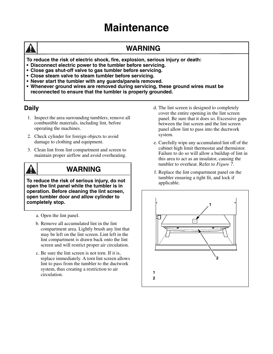 Maintenance, Daily, Warning | Alliance Laundry Systems Drying Tumbler Part No. 70400401R2 User Manual | Page 20 / 24