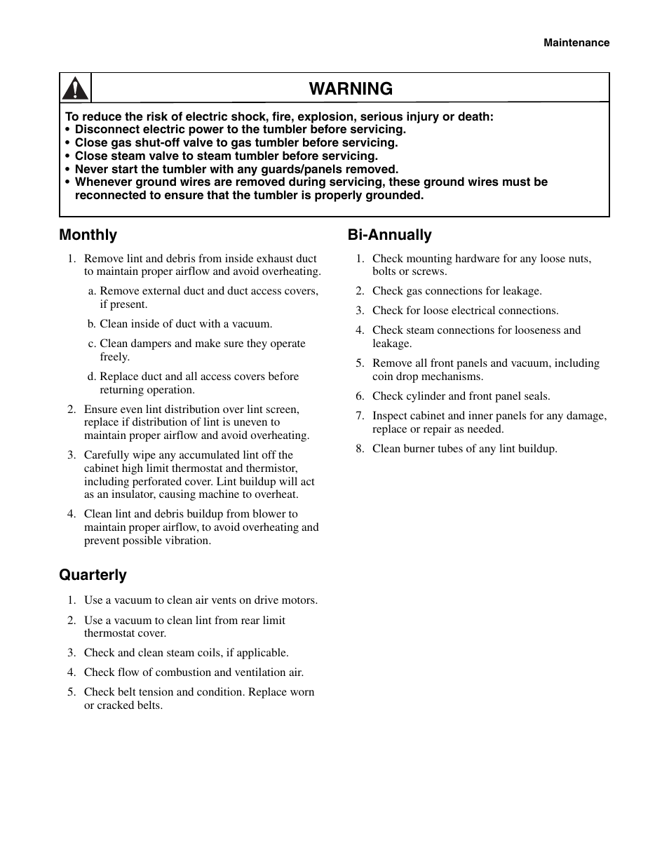 Monthly quarterly bi-annually, Warning, Monthly | Quarterly, Bi-annually | Alliance Laundry Systems Drying Tumbler Part No. 70400401R2 User Manual | Page 21 / 24