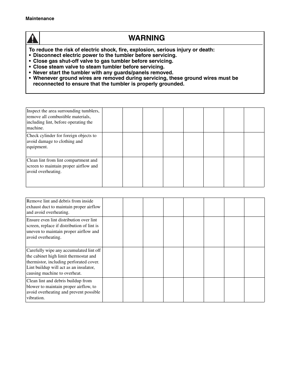 Warning | Alliance Laundry Systems Drying Tumbler Part No. 70400401R2 User Manual | Page 22 / 24