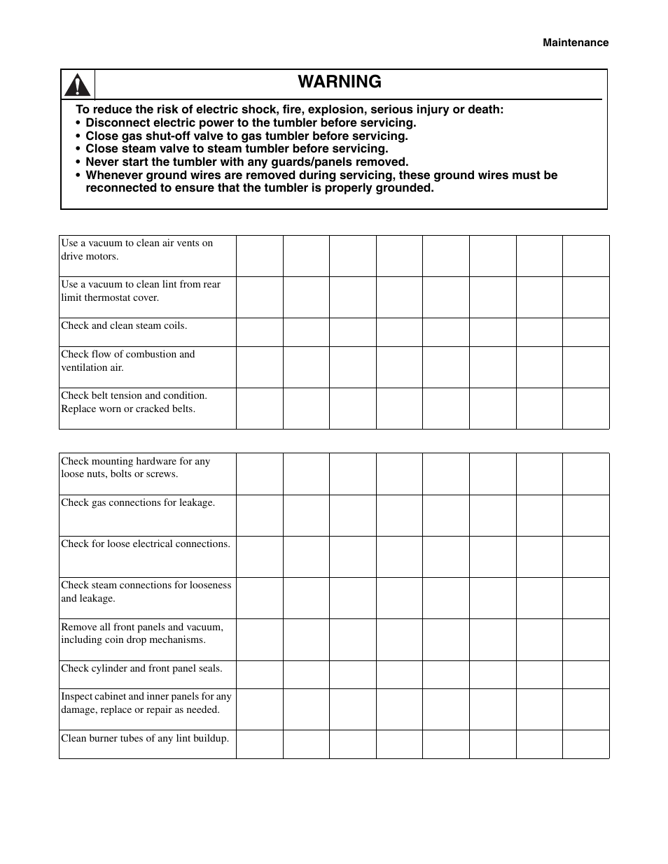 Warning | Alliance Laundry Systems Drying Tumbler Part No. 70400401R2 User Manual | Page 23 / 24